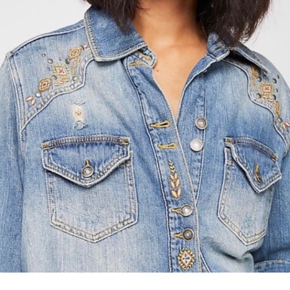 Free People Moonchild Embroidered Distressed Shirt Jean Jacket - Picture 2 of 9